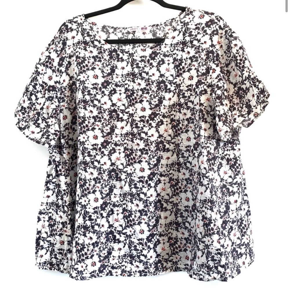 Linen Grey and White Floral Patterned Blouse Large